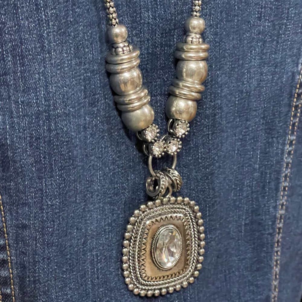 C1946 Chunky Large Silver Rhinestone Pendant Popc… - image 7